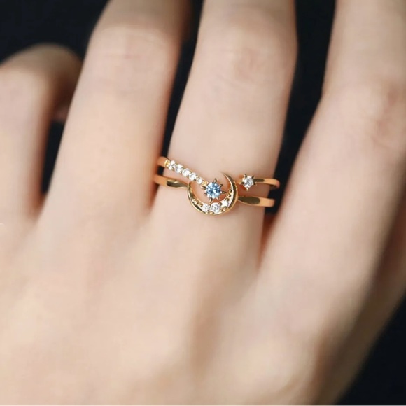 18k GOLD PLATING OVER SOLID STERLING SILVER 925 STAR & MOON STACKABLE RING - Picture 2 of 7